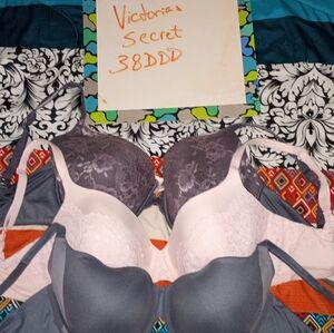 3 Victoria's Secret Lace Bra Lot Bundle Light Pink  Dark Gray 38DDD 38 DDD VS